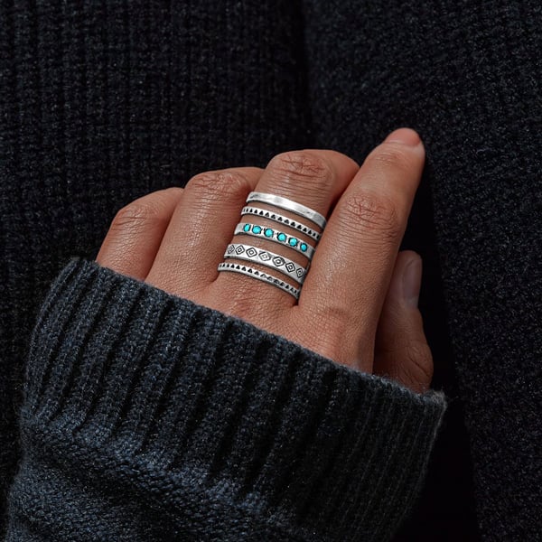 Sterling Silver Bohemian Openwork Carved Turquoise Ring