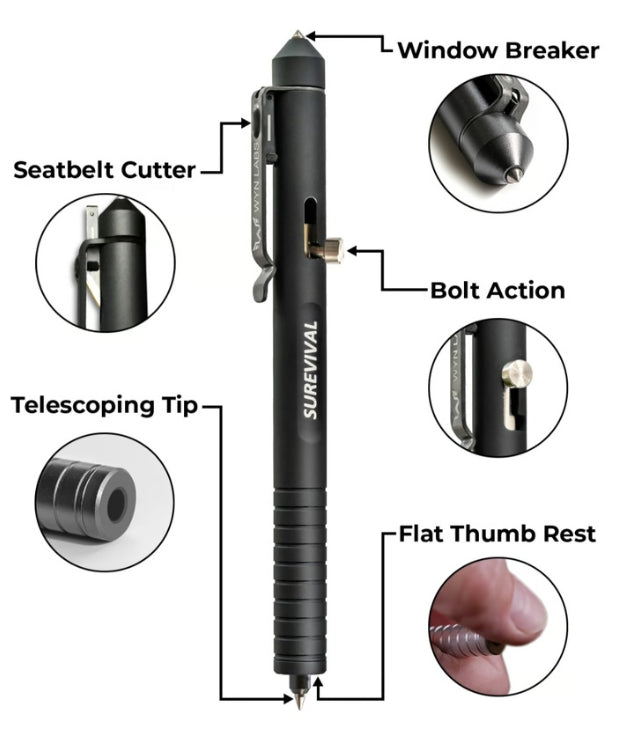 Surevival Pen - concealed seatbelt cutter, telescoping tip & window breaker for emergency escape, rescue & defense!