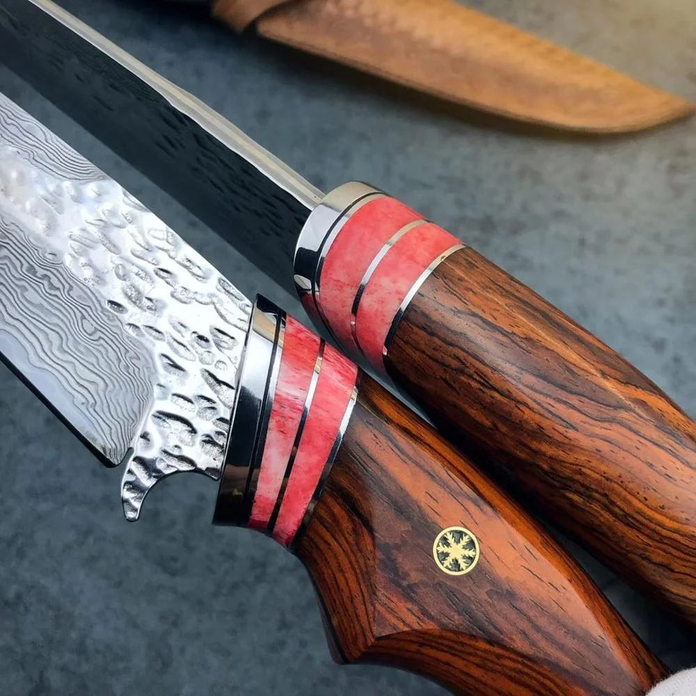 Damascus steel exterior knife with redwood handle