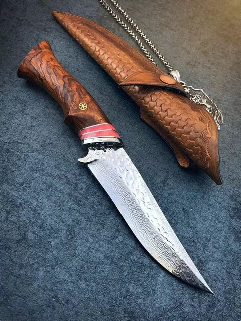 Damascus steel exterior knife with redwood handle
