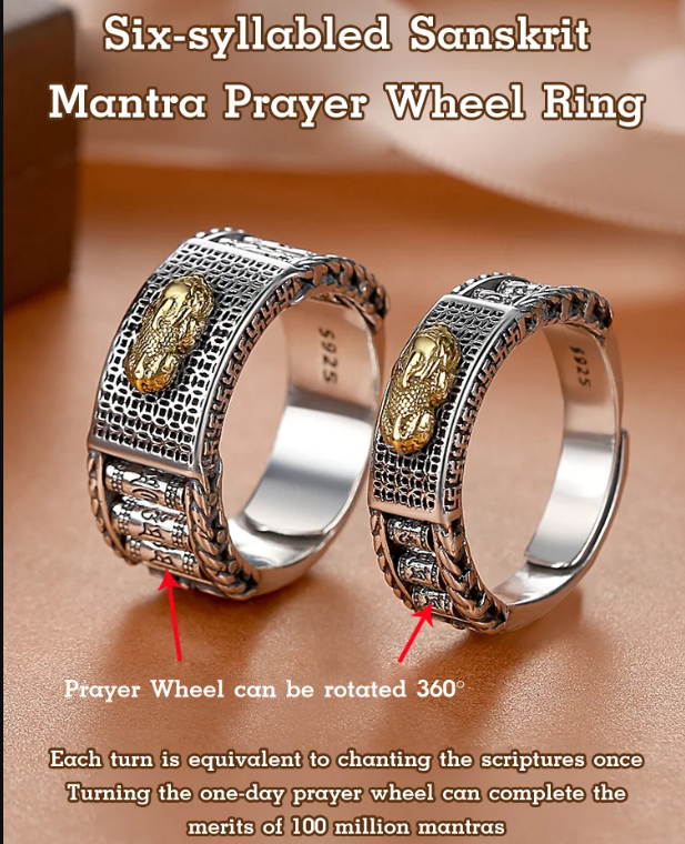 【Bring good luck for you!】 Vintage Pixiu Six-syllabled Sanskrit Mantra Prayer Wheel Ring.