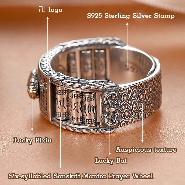 【Bring good luck for you!】 Vintage Pixiu Six-syllabled Sanskrit Mantra Prayer Wheel Ring.