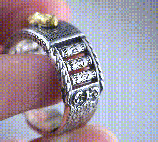 【Bring good luck for you!】 Vintage Pixiu Six-syllabled Sanskrit Mantra Prayer Wheel Ring.