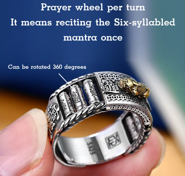 【Bring good luck for you!】 Vintage Pixiu Six-syllabled Sanskrit Mantra Prayer Wheel Ring.