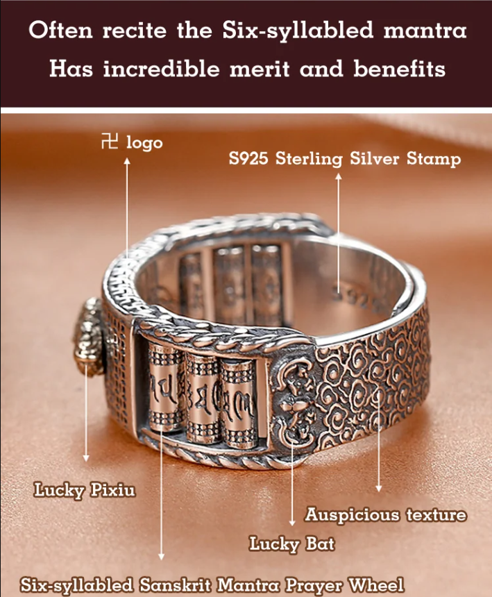 【Bring good luck for you!】 Vintage Pixiu Six-syllabled Sanskrit Mantra Prayer Wheel Ring.