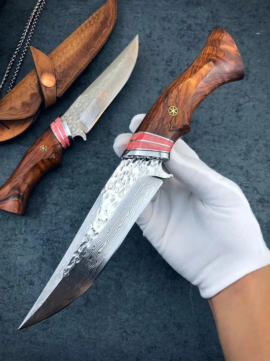 Damascus steel exterior knife with redwood handle