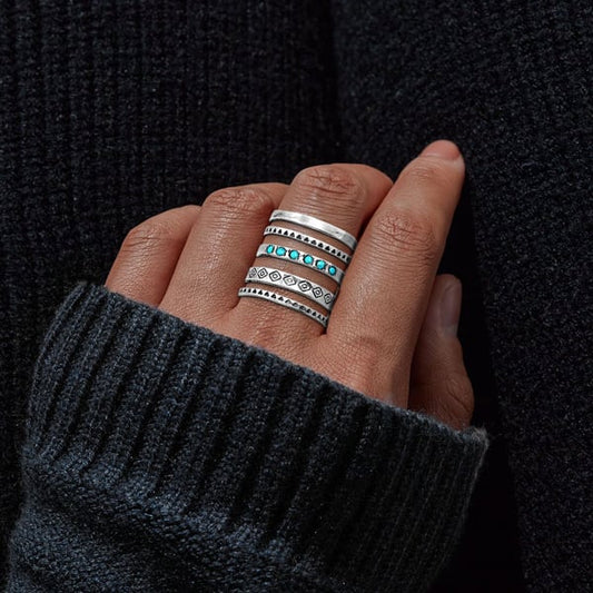 Sterling Silver Bohemian Openwork Carved Turquoise Ring