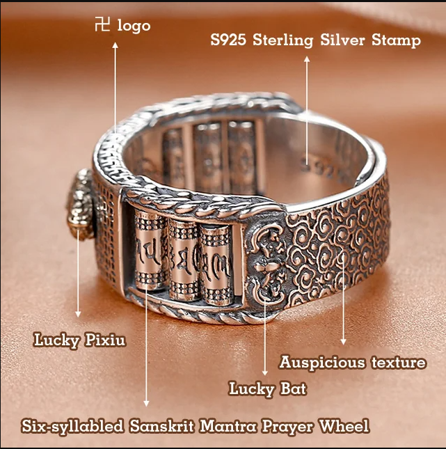 【Bring good luck for you!】 Vintage Pixiu Six-syllabled Sanskrit Mantra Prayer Wheel Ring.